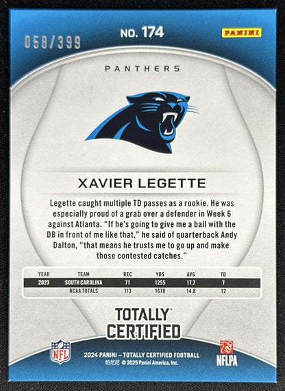 Xavier Legette 2024 Totally Certified Rookies Mirror Platinum Blue /399 Panthers