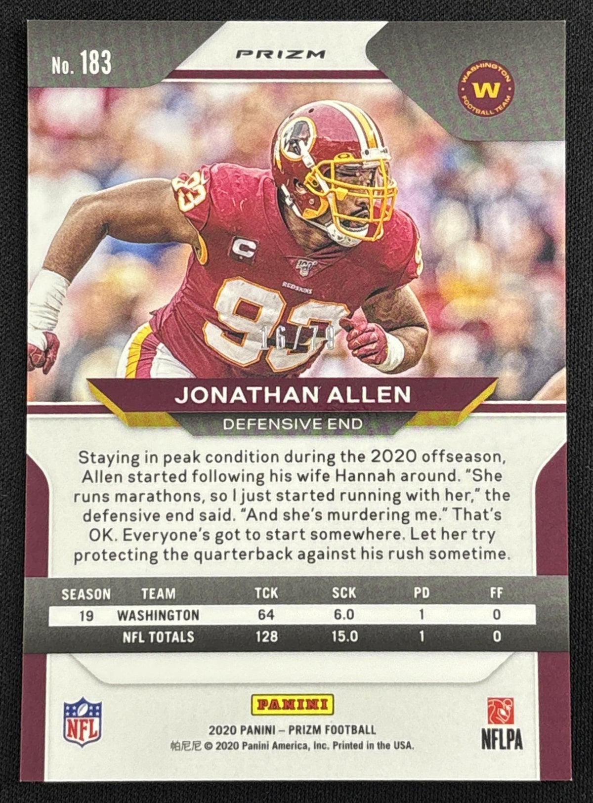 Jonathan Allen 2020 Panini Prizm No Huddle Blue /79 Sports Trading Card