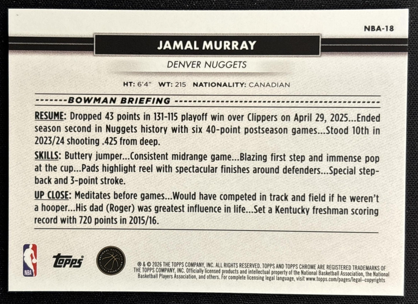 Jamal Murray 2026 Topps NSCC Collection NBA Sports Trading Cards