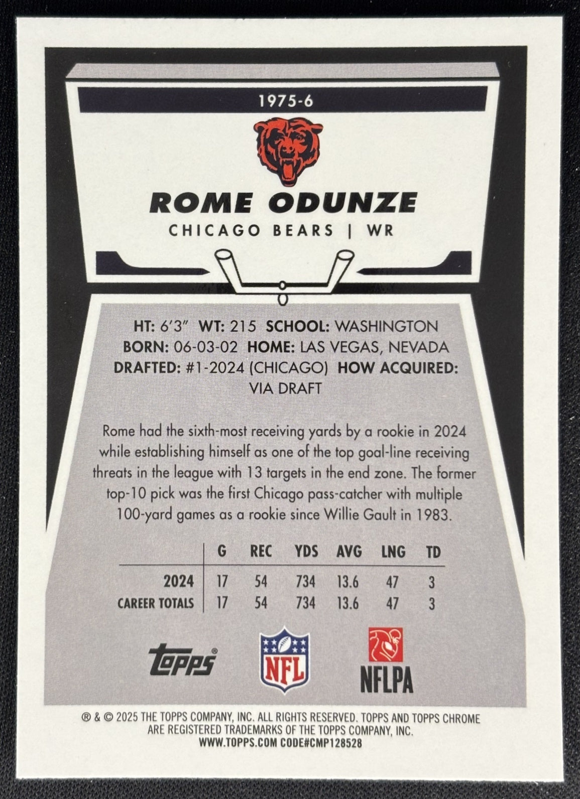 Rome Odunze 2025 Topps Chrome 1975 Bears Sports Trading Cards