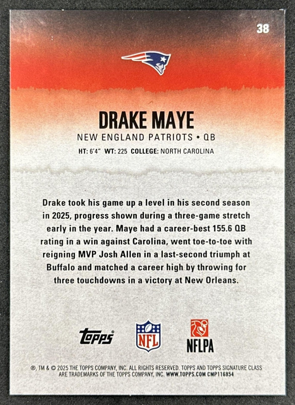 Drake Maye 2025 Topps Signature Class Veteran Blue & Yellow Foil Patriots back