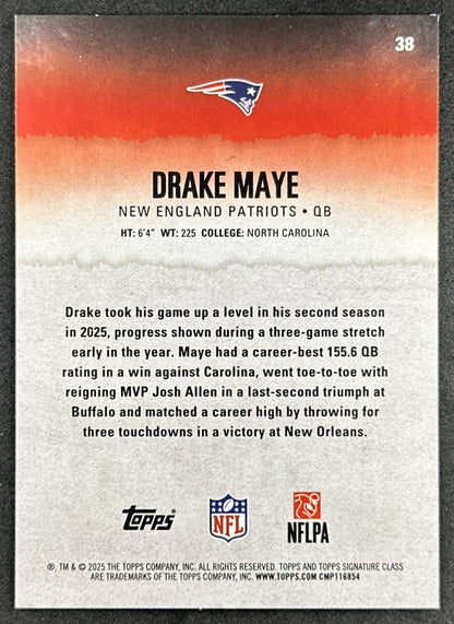 Drake Maye 2025 Topps Signature Class Veteran Blue & Yellow Foil Patriots back