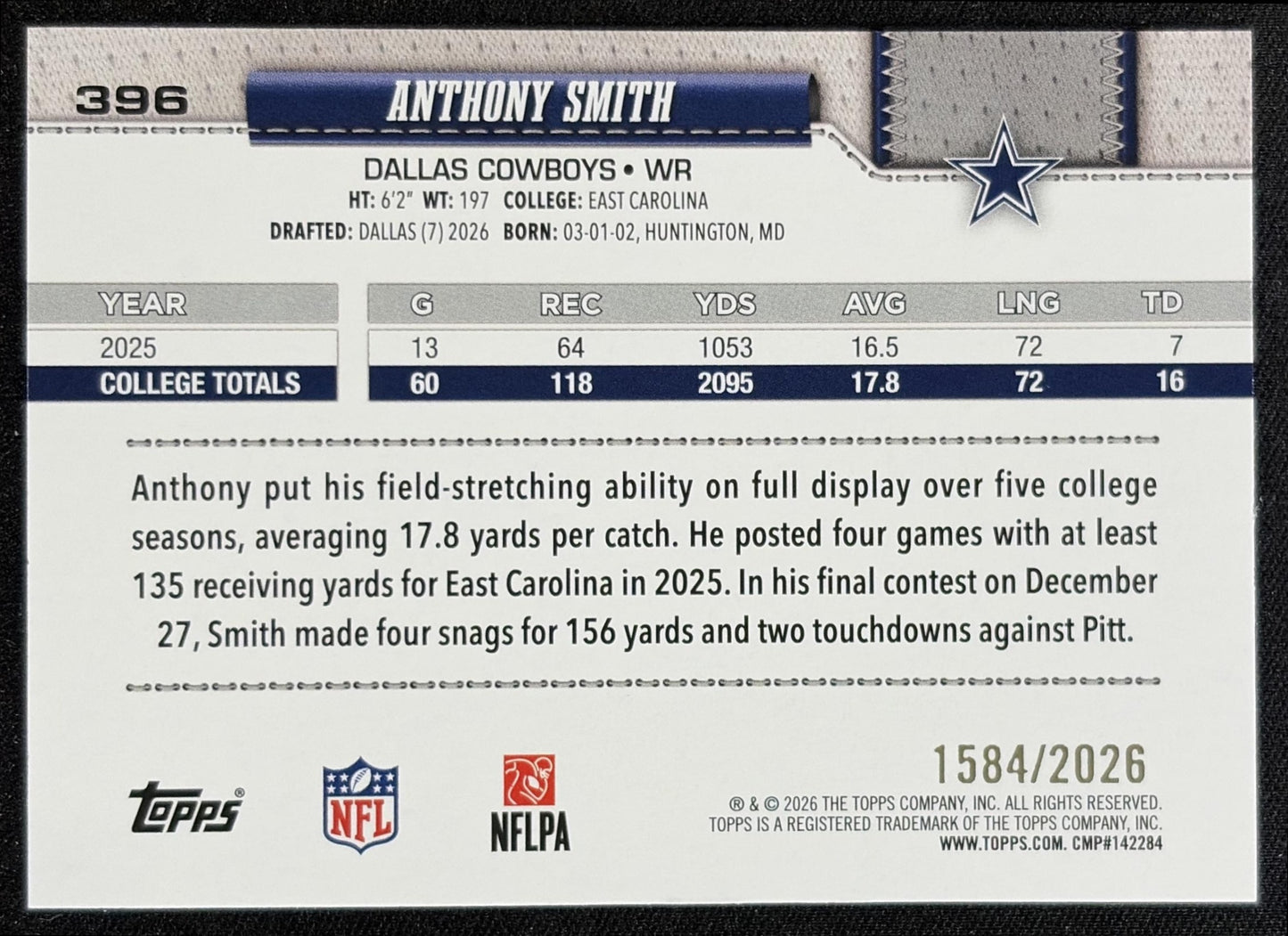 Anthony Smith 2026 Topps Gold /2026 Cowboys - back