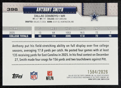 Anthony Smith 2026 Topps Gold /2026 Cowboys - back