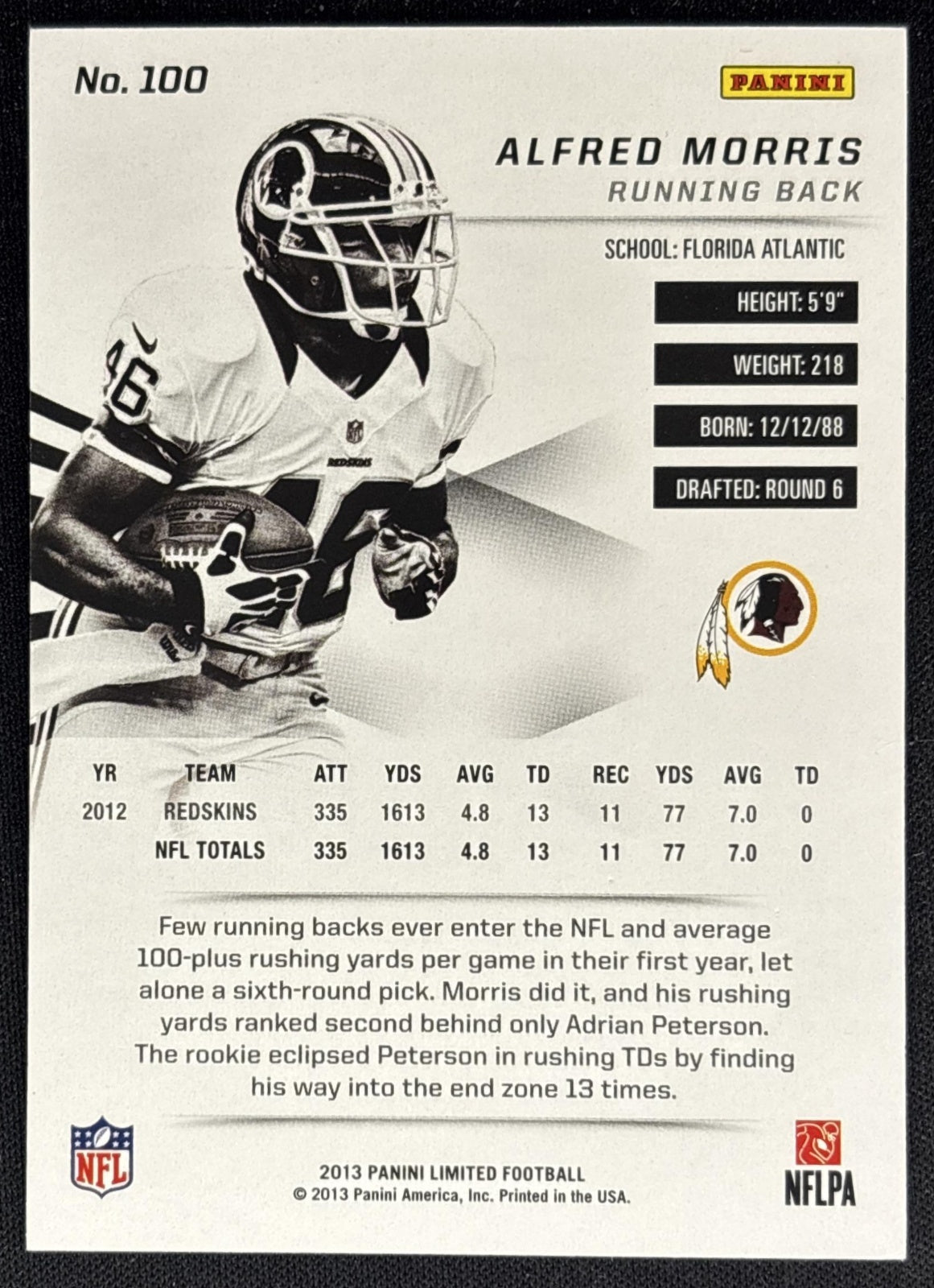 Alfred Morris 2013 Panini Limited /399 Redskins back