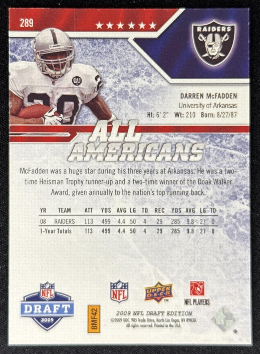 Darren McFadden 2009 Upper Deck Draft Edition Blue /50 Raiders Sports Trading Card
