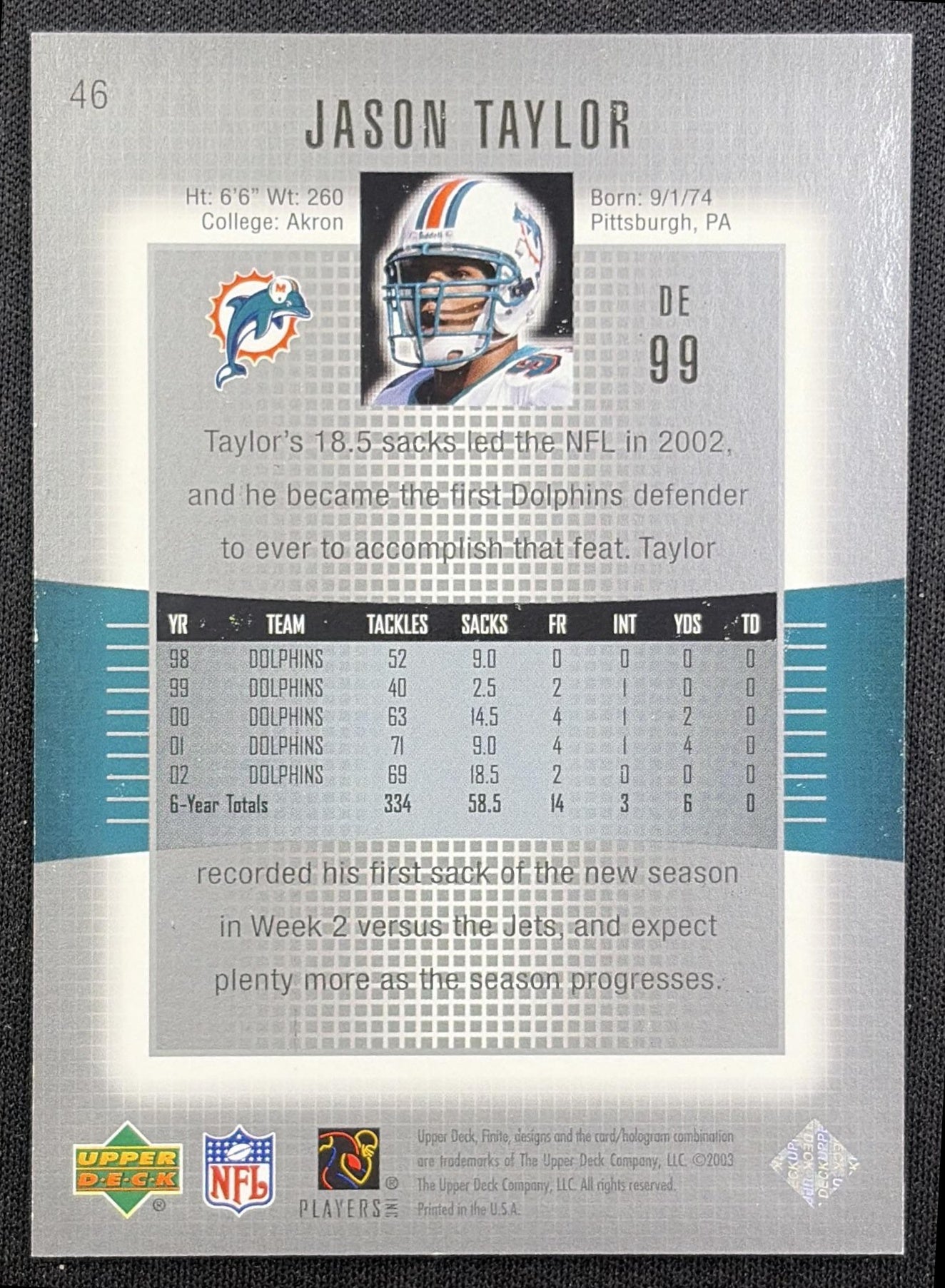 Jason Taylor 2003 Upper Deck Finite /2350 Dolphins back