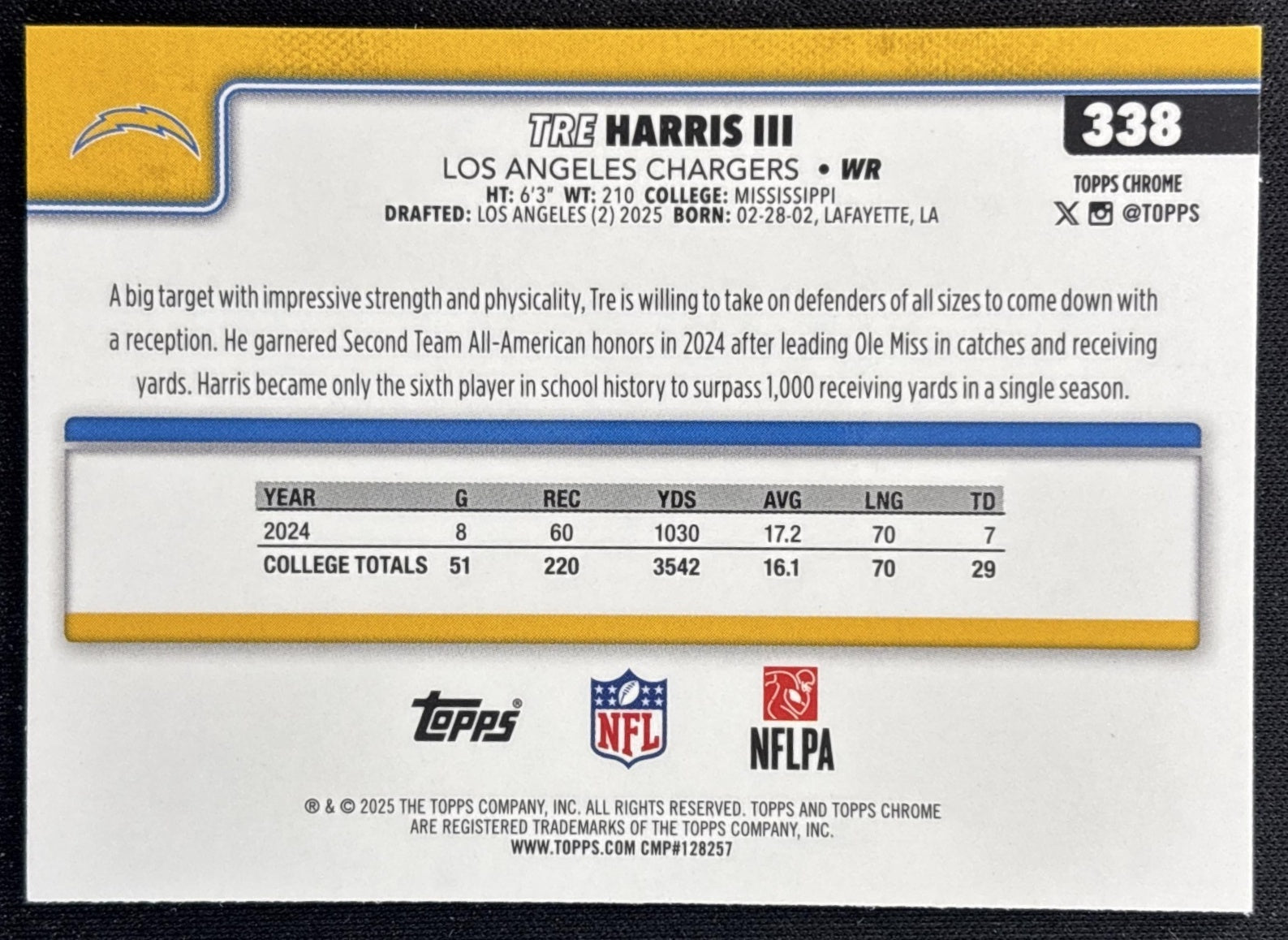 Tre Harris III 2025 Topps Chrome Rookie Green Wave Refractor /99 Chargers back