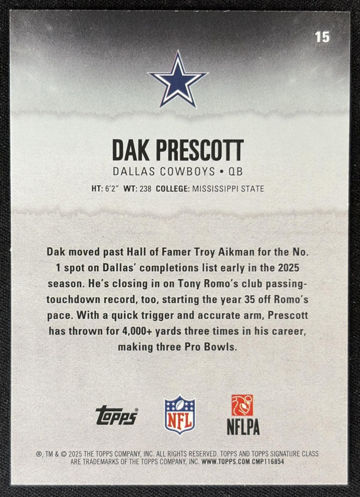 Dak Prescott 2025 Topps Signature Class Veteran Blue & Yellow Foil Cowboys