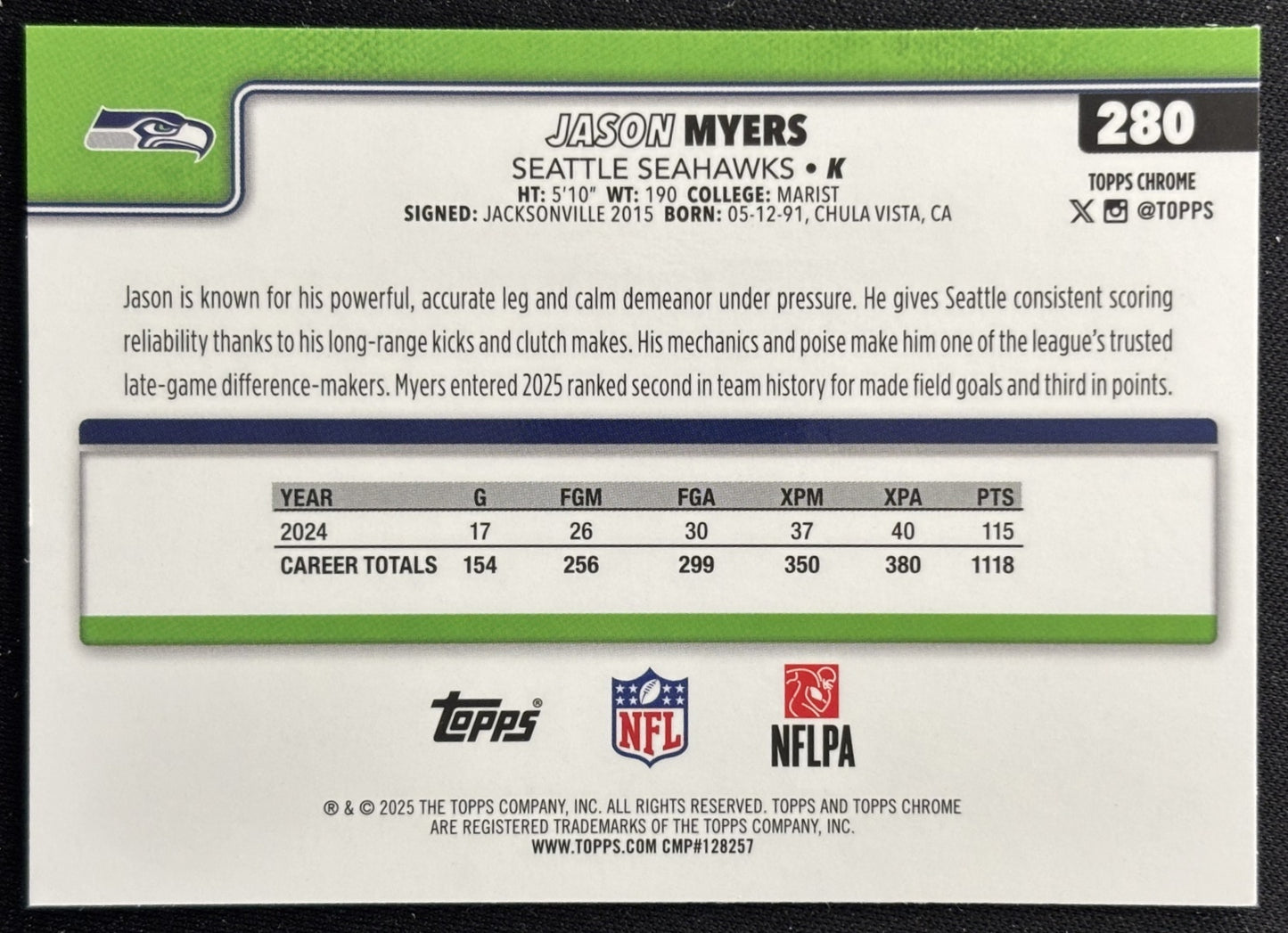 Jason Myers 2025 Topps Chrome Seahawks Sports Trading Cards
