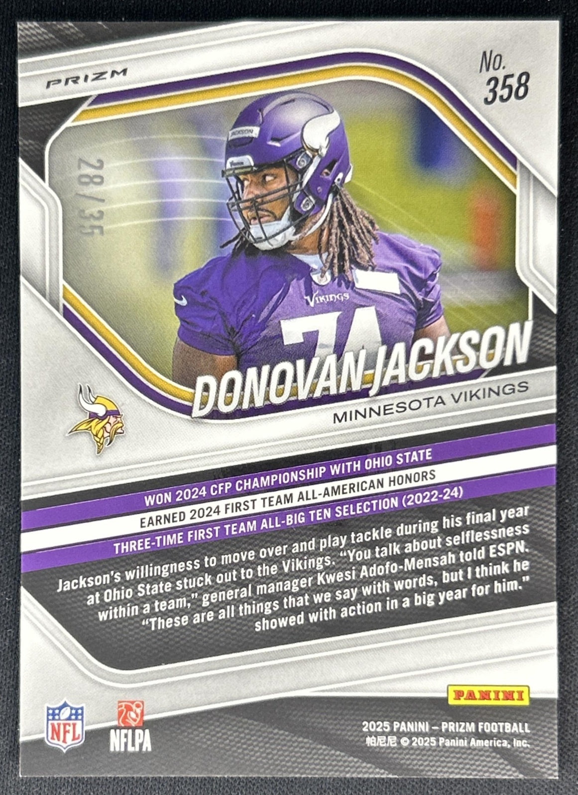 Donovan Jackson 2025 Panini Prizm White /35 Vikings back
