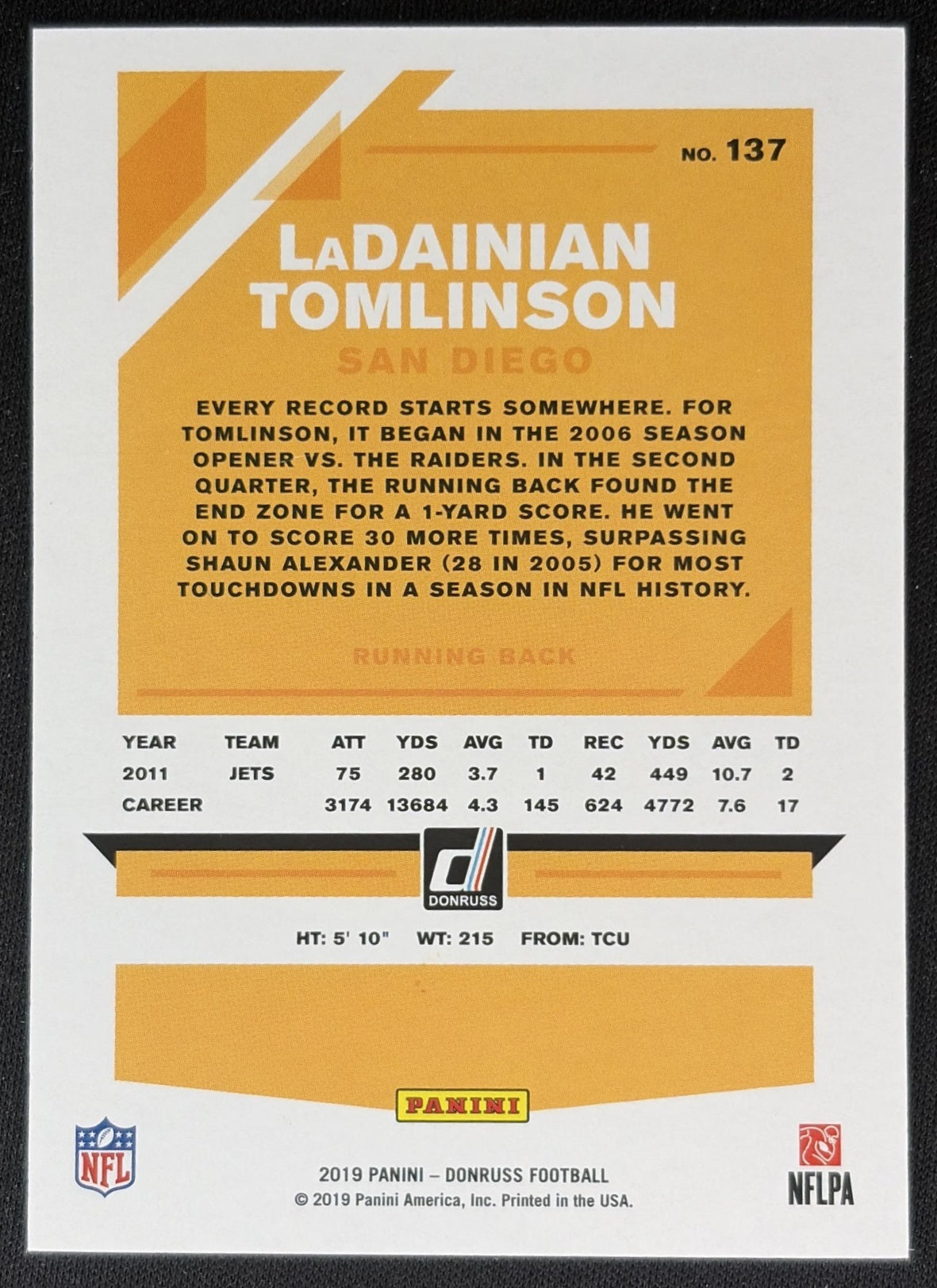LaDainian Tomlinson 2019 Panini Donruss Season Stat Line /500 Chargers Sports Trading Cards