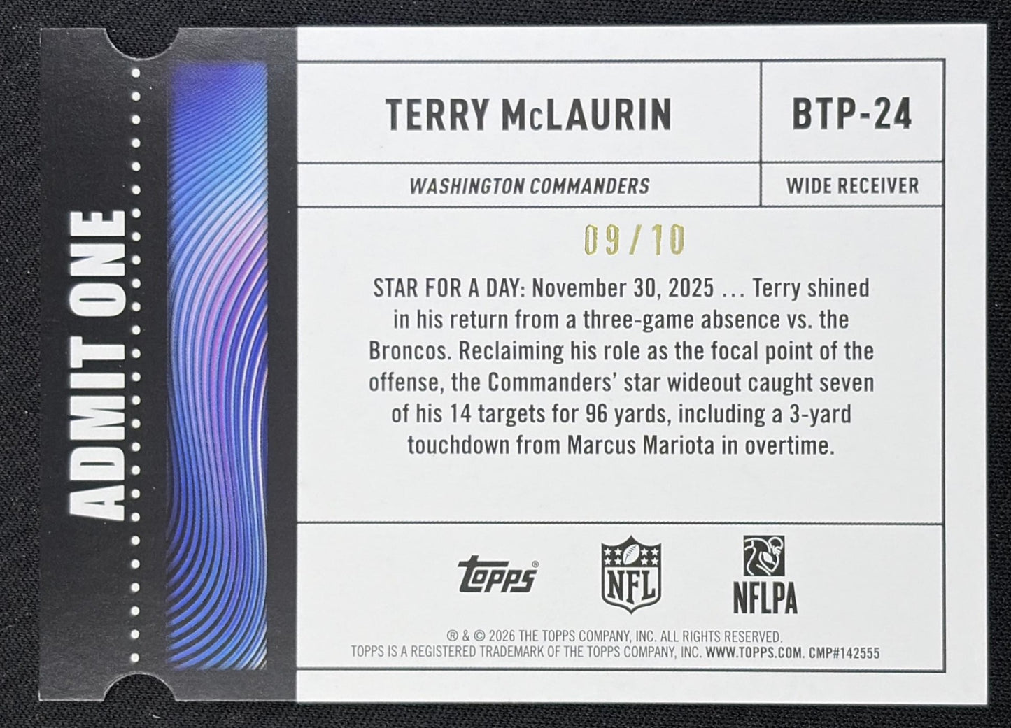 Terry McLaurin 2026 Topps Big Ticket Players Black Foil /10 Commanders