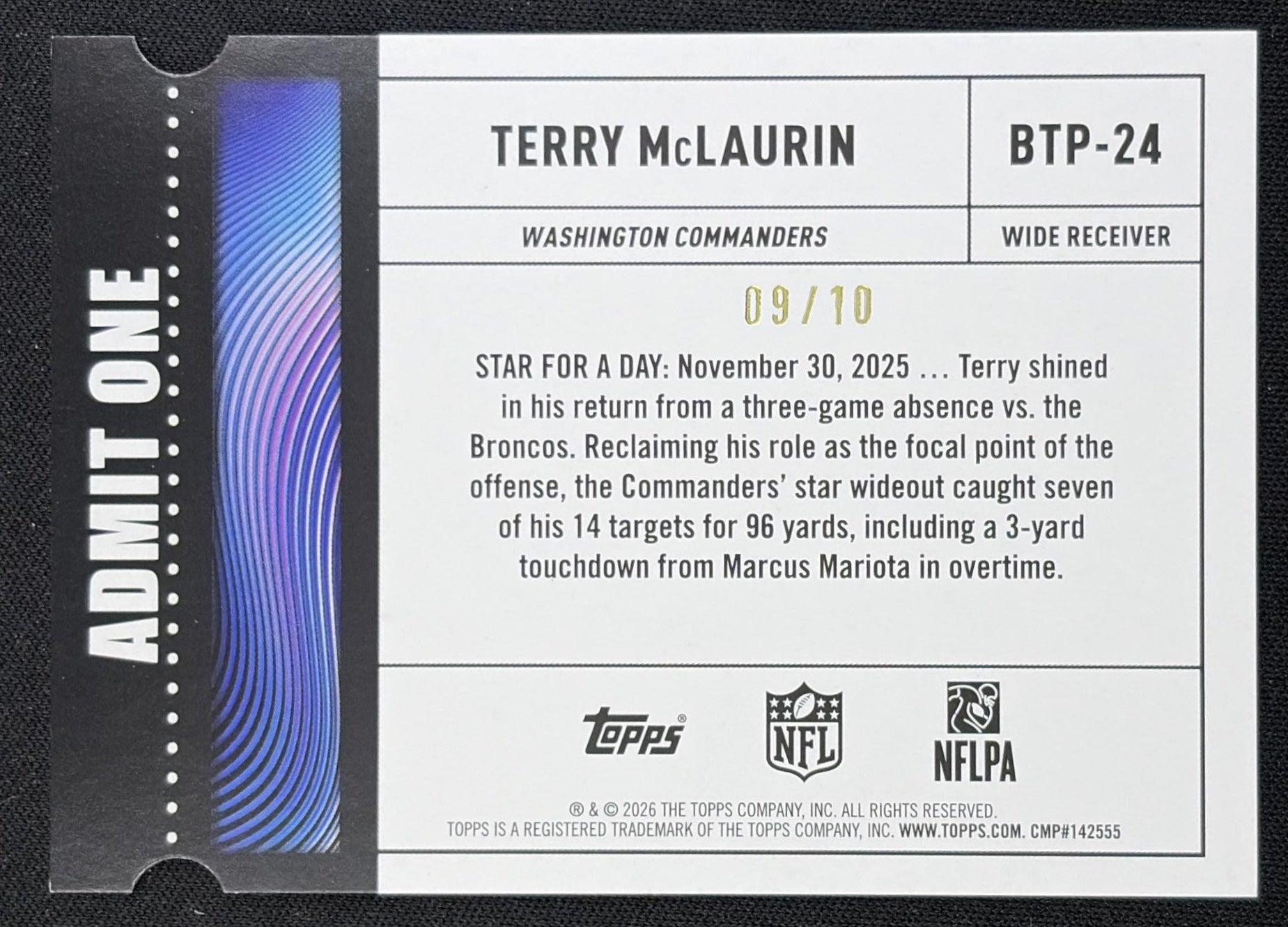 Terry McLaurin 2026 Topps Big Ticket Players Black Foil /10 Commanders