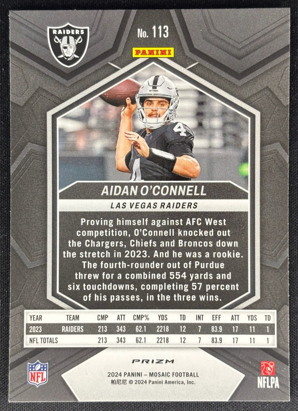 Aidan O'Connell 2024 Panini Mosaic Green Prizm Raiders Sports Trading Cards