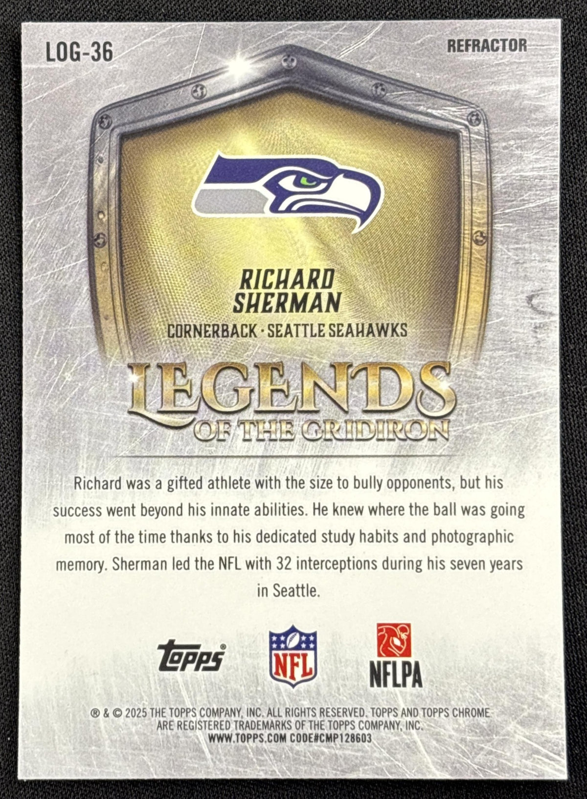 Richard Sherman 2025 Topps Chrome Legends of the Gridiron Refractor Seahawks Seattle Seahawks