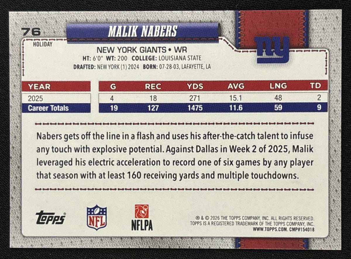 Malik Nabers 2026 Topps Holiday Glitter Giants | New York Giants