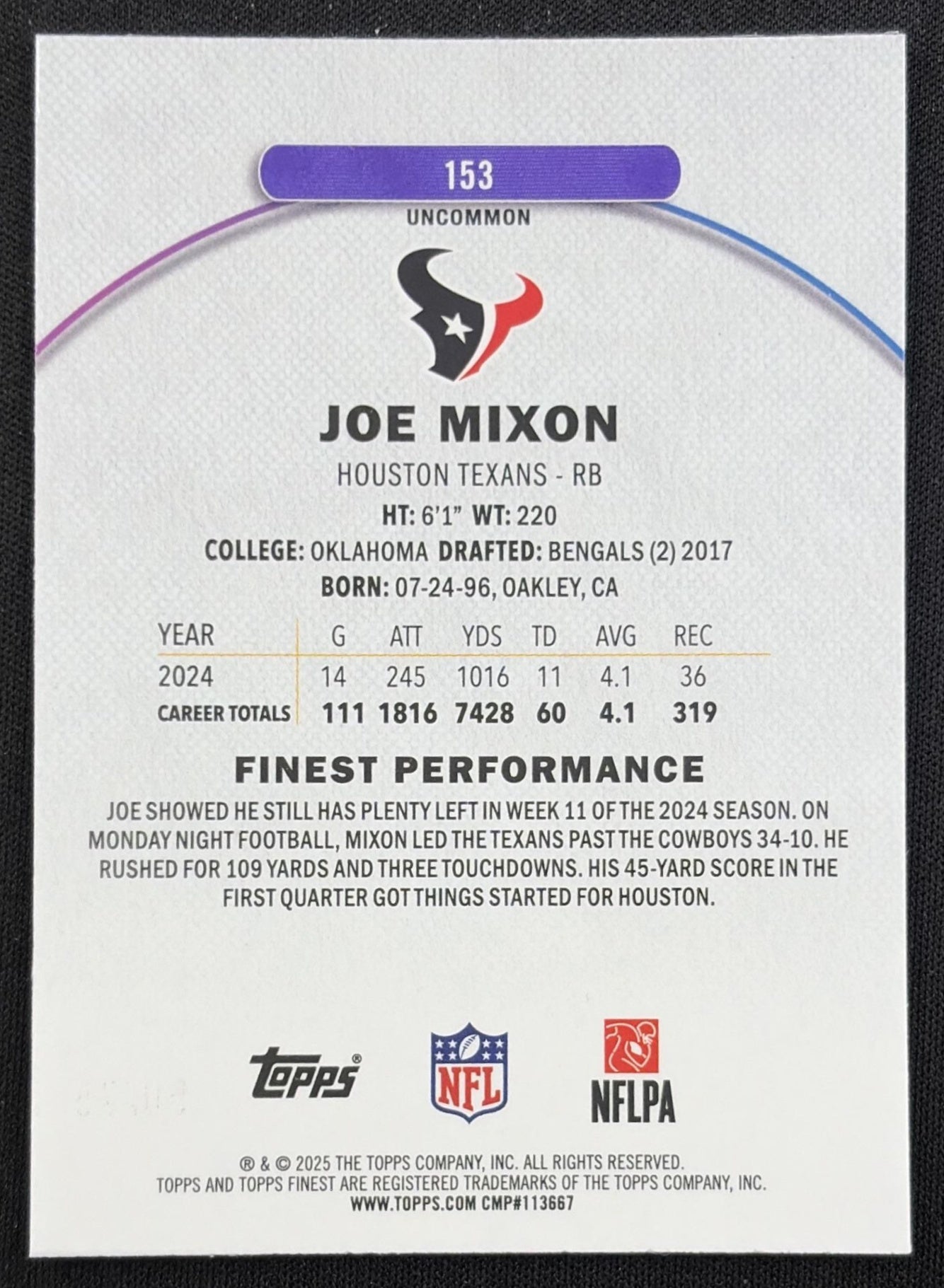 Joe Mixon 2025 Topps Finest Uncommon Blue X-Fractor /75 Texans