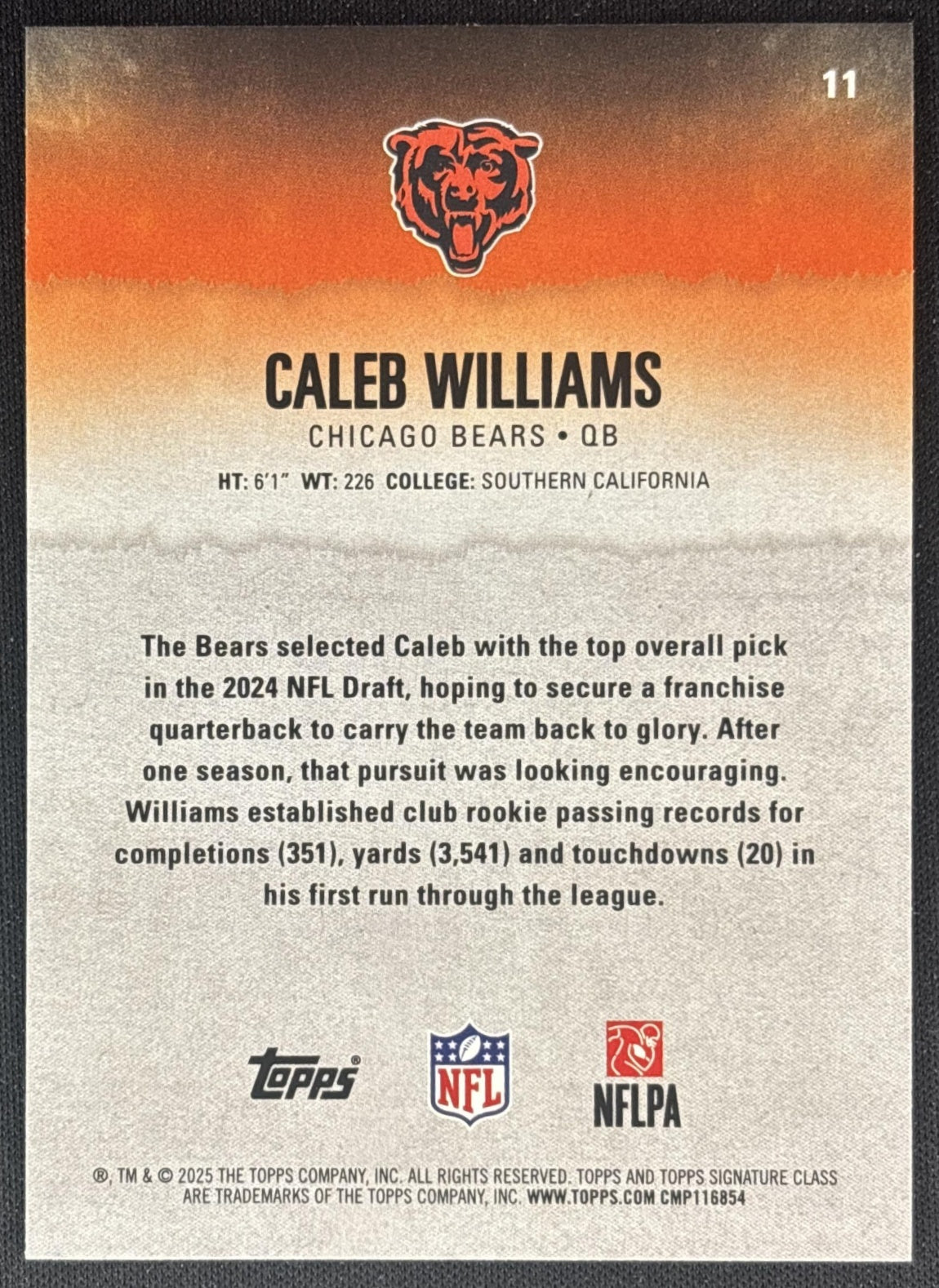 Caleb Williams 2025 Topps Signature Class Veteran Green & Purple Foil Bears back