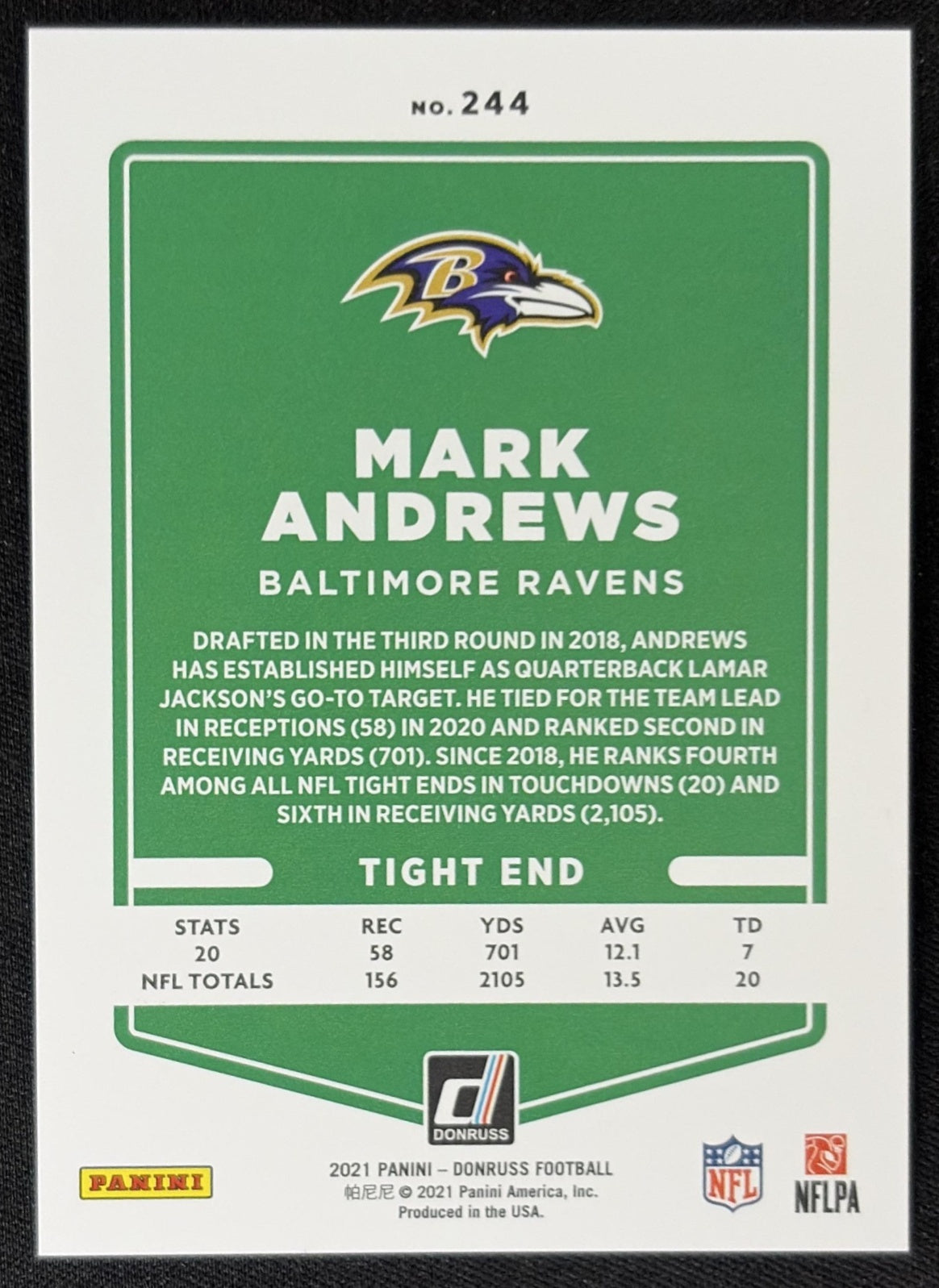 Mark Andrews 2021 Panini Donruss Press Proof Premium Ravens - Baltimore Ravens