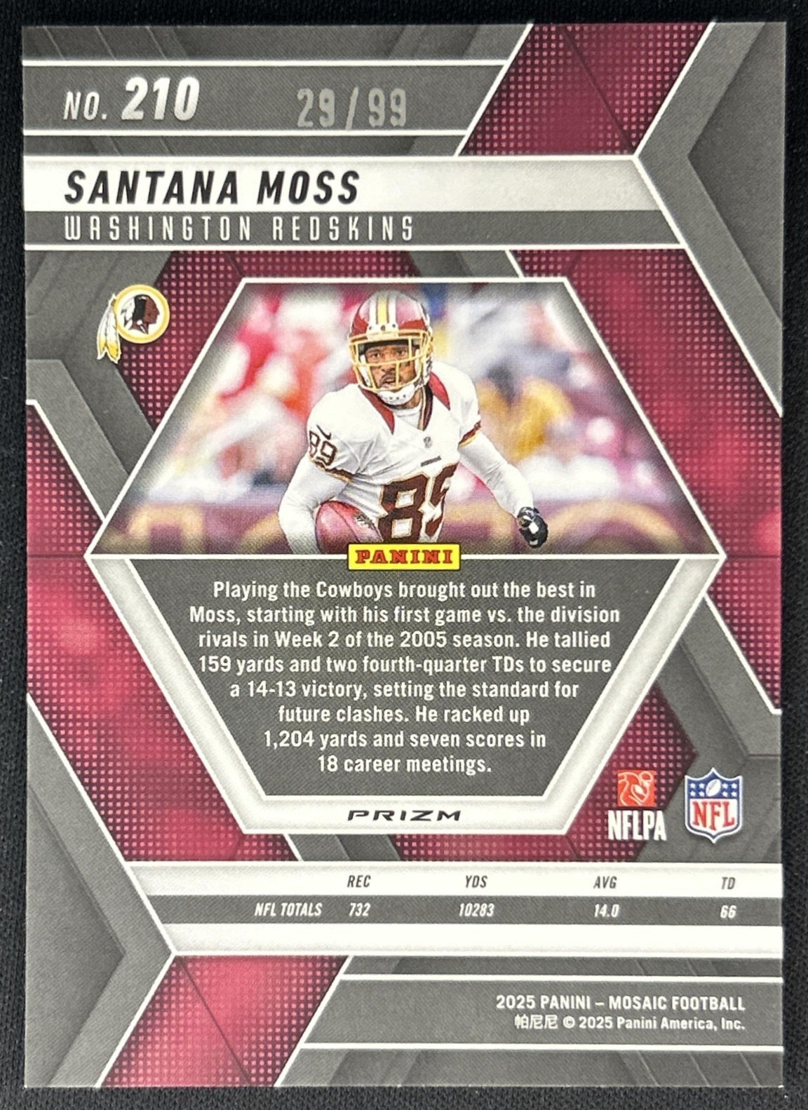 Santana Moss 2025 Panini Mosaic Blue Prizm /99 Redskins back