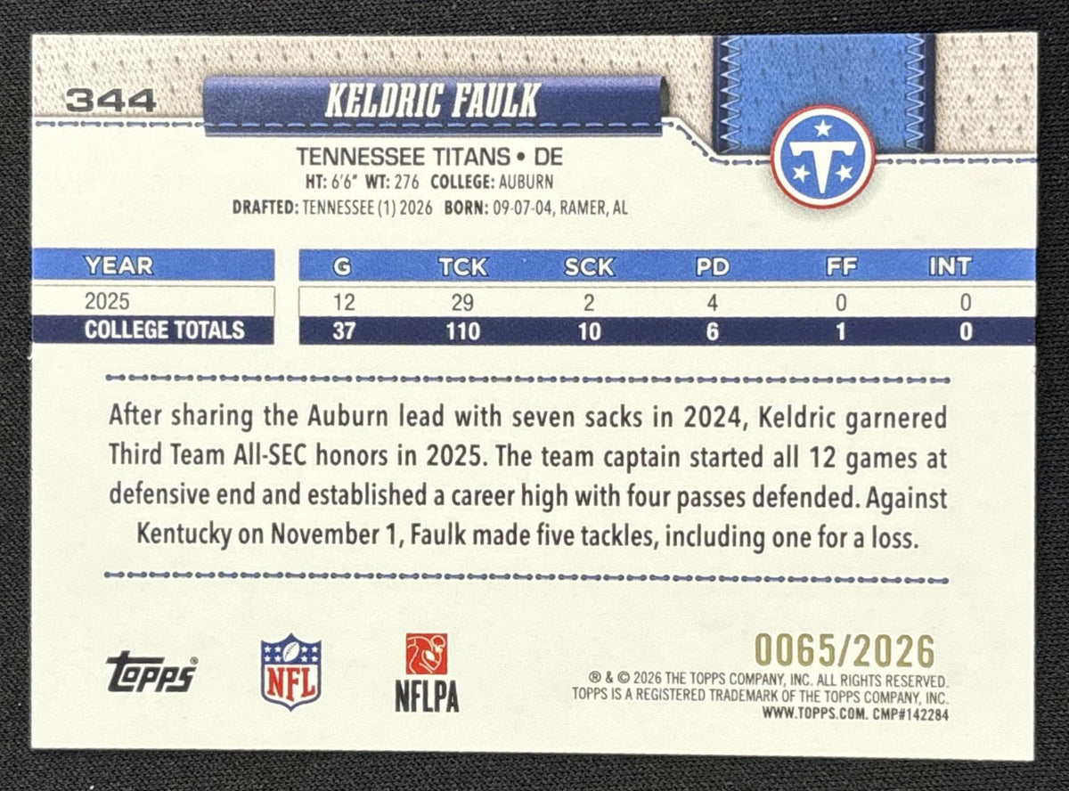 Keldric Faulk 2026 Topps Gold /2026 Titans