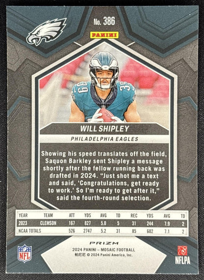 Will Shipley 2024 Panini Mosaic Green Prizm Eagles Sports Trading Card