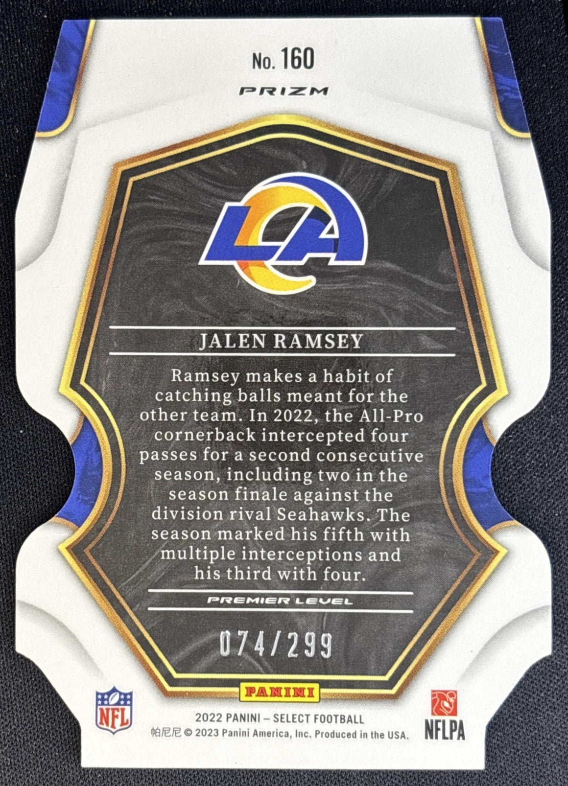 Jalen Ramsey 2022 Panini Select Neon Green Prizm Die Cut /299 Rams back