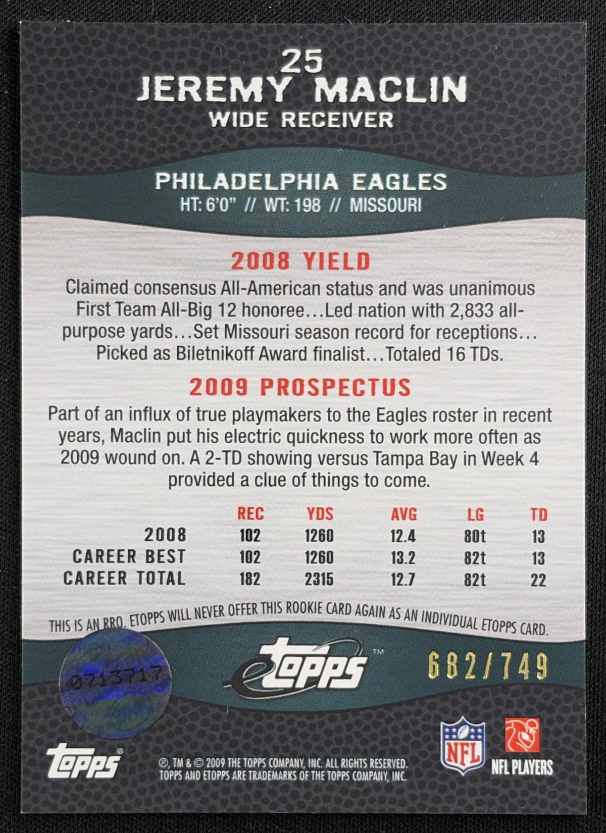 Jeremy Maclin 2009 Topps eTopps /749 Eagles