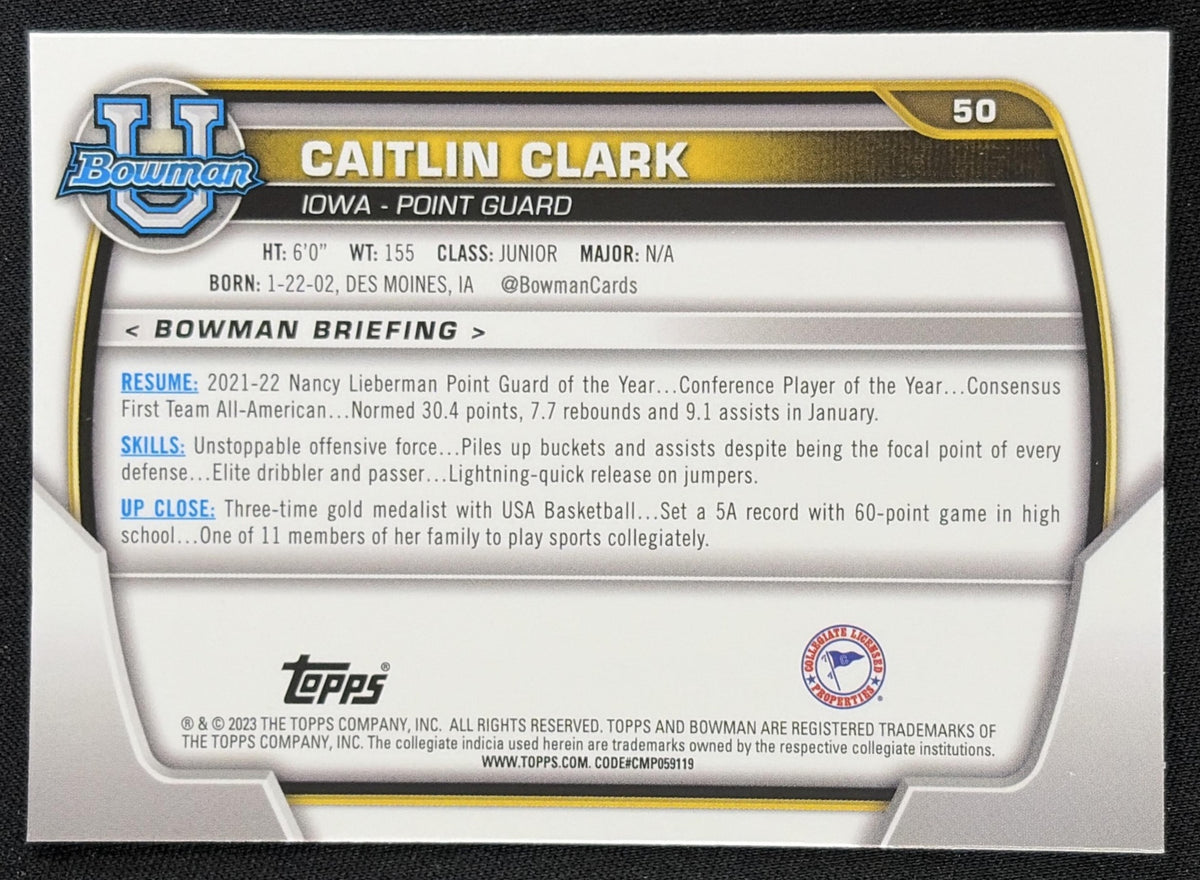 Caitlin Clark 2022 Bowman Chrome University Pink Refractor Hawkeyes Iowa Hawkeyes