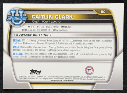 Caitlin Clark 2022 Bowman Chrome University Pink Refractor Hawkeyes Iowa Hawkeyes