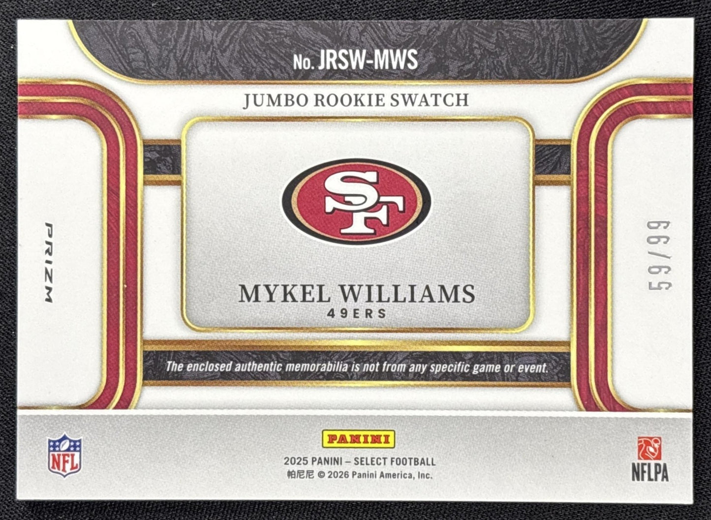 Mykel Williams 2025 Panini Select Jumbo Rookie Swatch White Prizm /99 49ers - back