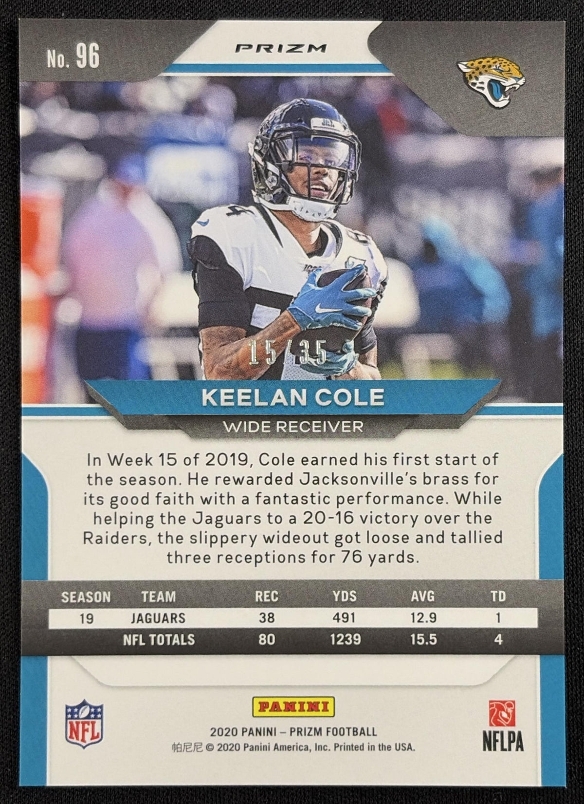 Keelan Cole 2020 Panini Prizm No Huddle Purple /35 Jaguars