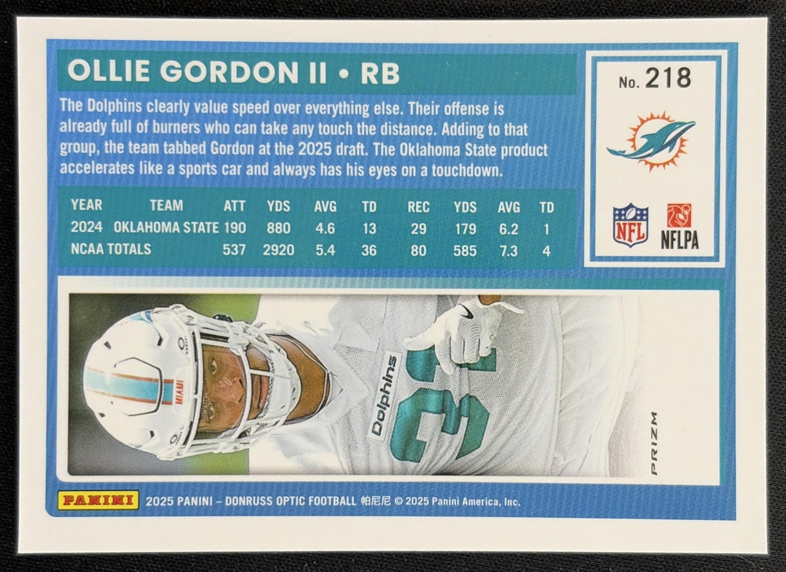 Ollie Gordon II 2025 Panini Donruss Optic Rated Rookie Blue Hyper Prizm Dolphins back