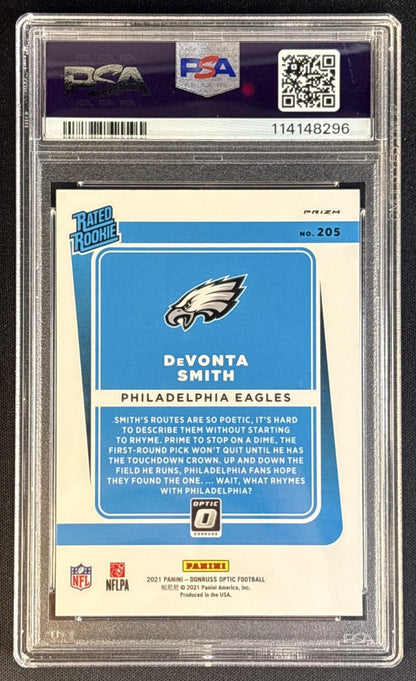 DeVonta Smith 2021 Panini Donruss Optic Blue Hyper PSA 8 Eagles Football Cards