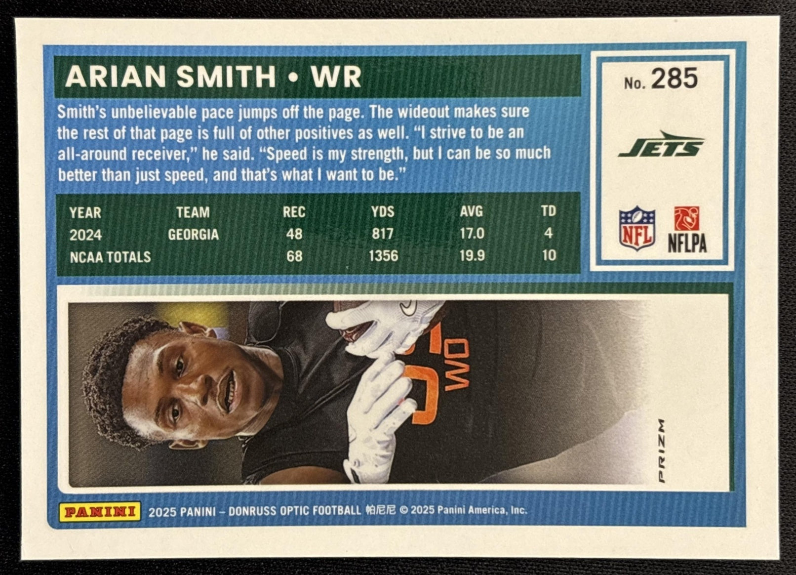 Arian Smith 2025 Panini Donruss Optic Rated Rookie Stars Prizm Jets back