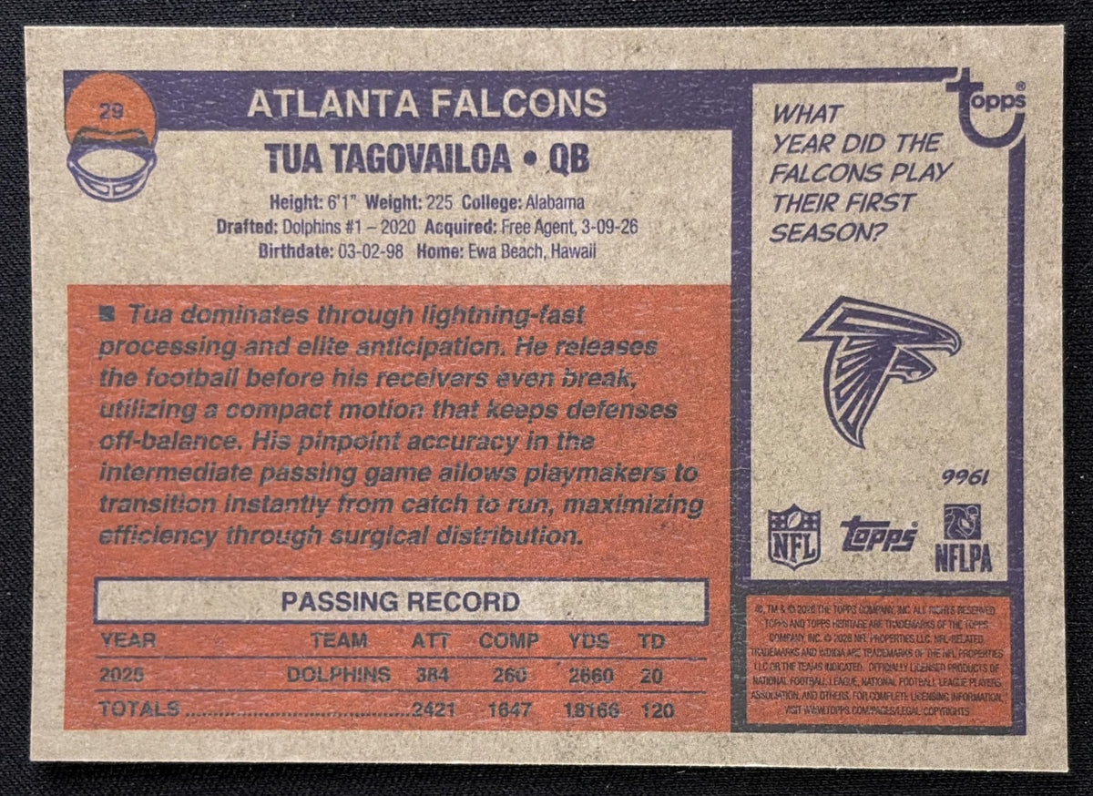 Tua Tagovailoa 2026 Topps Heritage Chrome Pink Sparkle Falcons