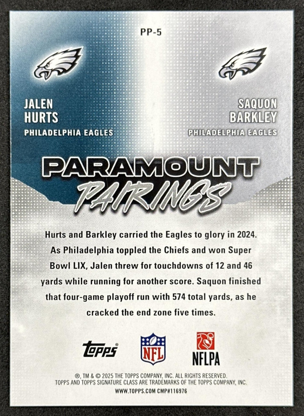 Saquon Barkley Jalen Hurts Pink /250 2025 Topps Signature Class Paramount Pairings Eagles Sports Trading Cards