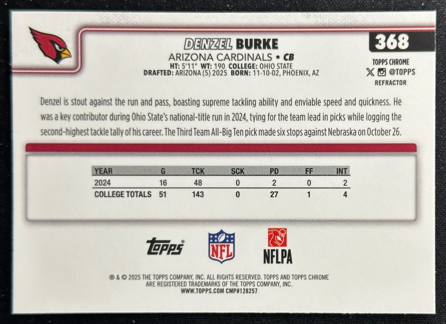 Denzel Burke 2025 Topps Chrome Rookie Refractor Cardinals Sports Trading Cards