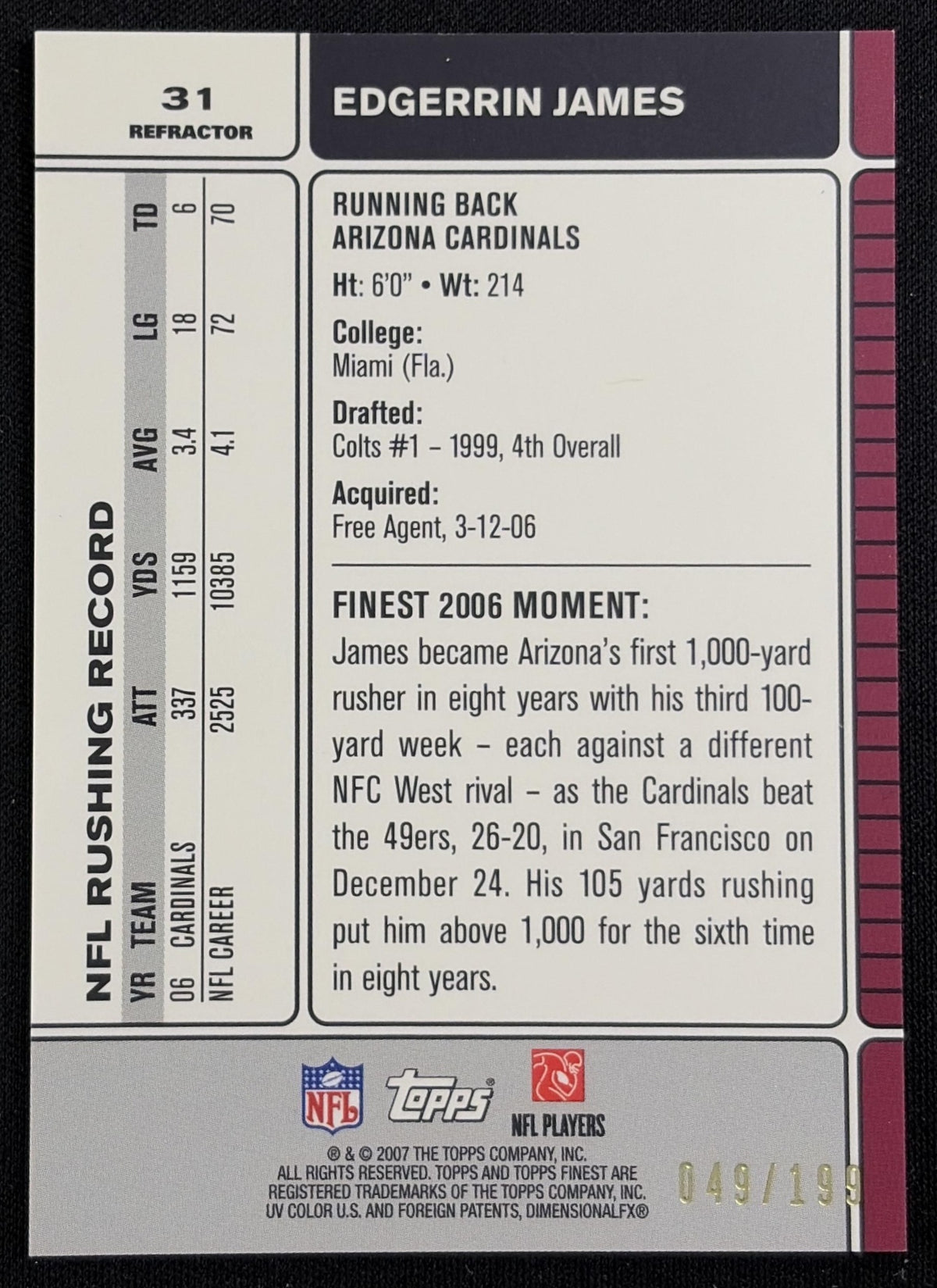 Edgerrin James 2007 Topps Finest Green Refractors /199 Cardinals - Back