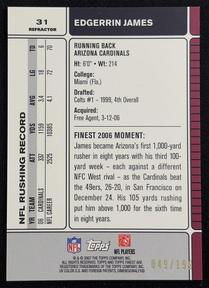 Edgerrin James 2007 Topps Finest Green Refractors /199 Cardinals - Back