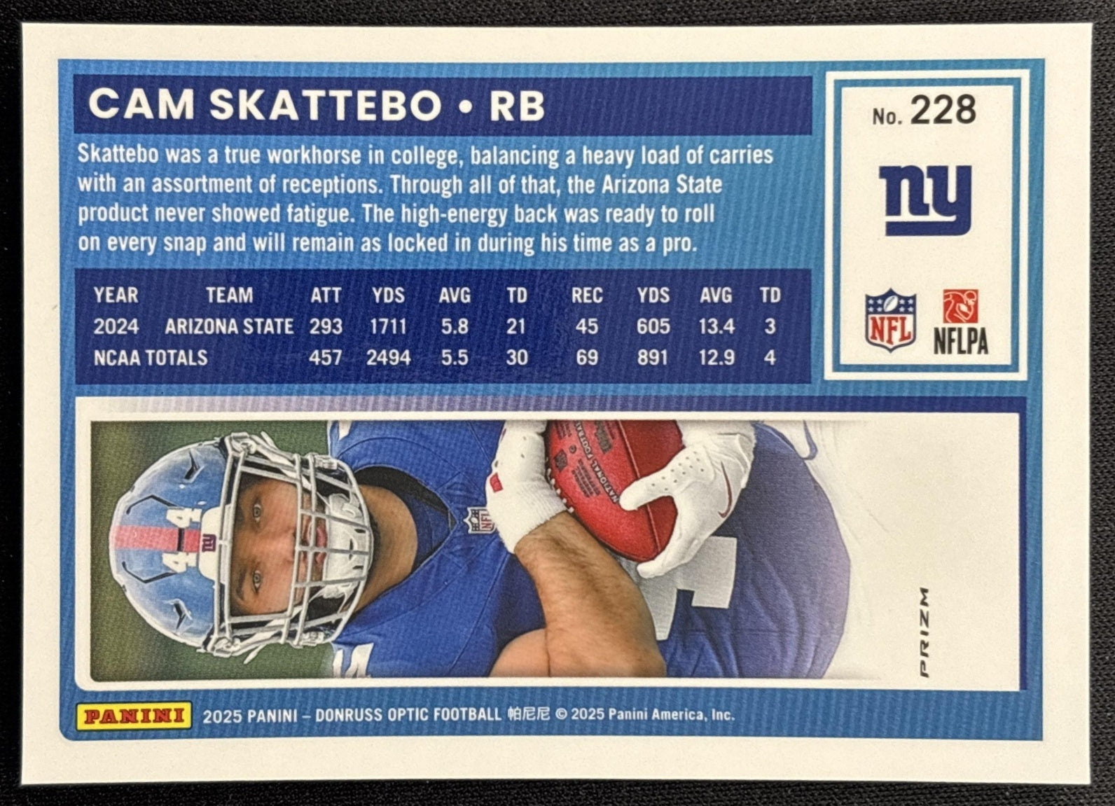 Cam Skattebo 2025 Panini Donruss Optic Rated Rookie Green Hyper Prizm Giants back