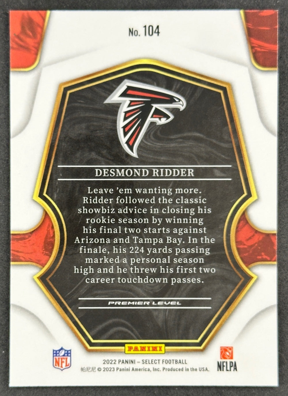 Desmond Ridder 2022 Select Premier Level Rookie Falcons Football