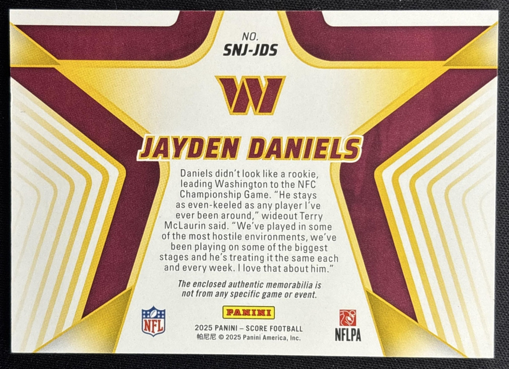 Jayden Daniels 2025 Panini Score Stars of the NFL Jersey Commanders Sports Trading Cards
