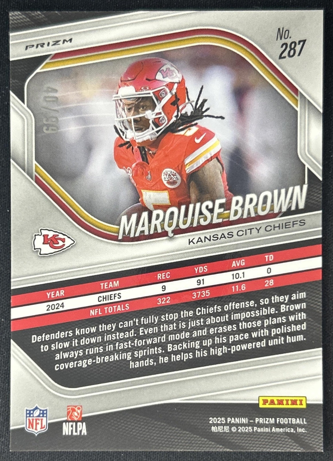 Marquise Brown 2025 Panini Prizm No Huddle Red /99 Chiefs back
