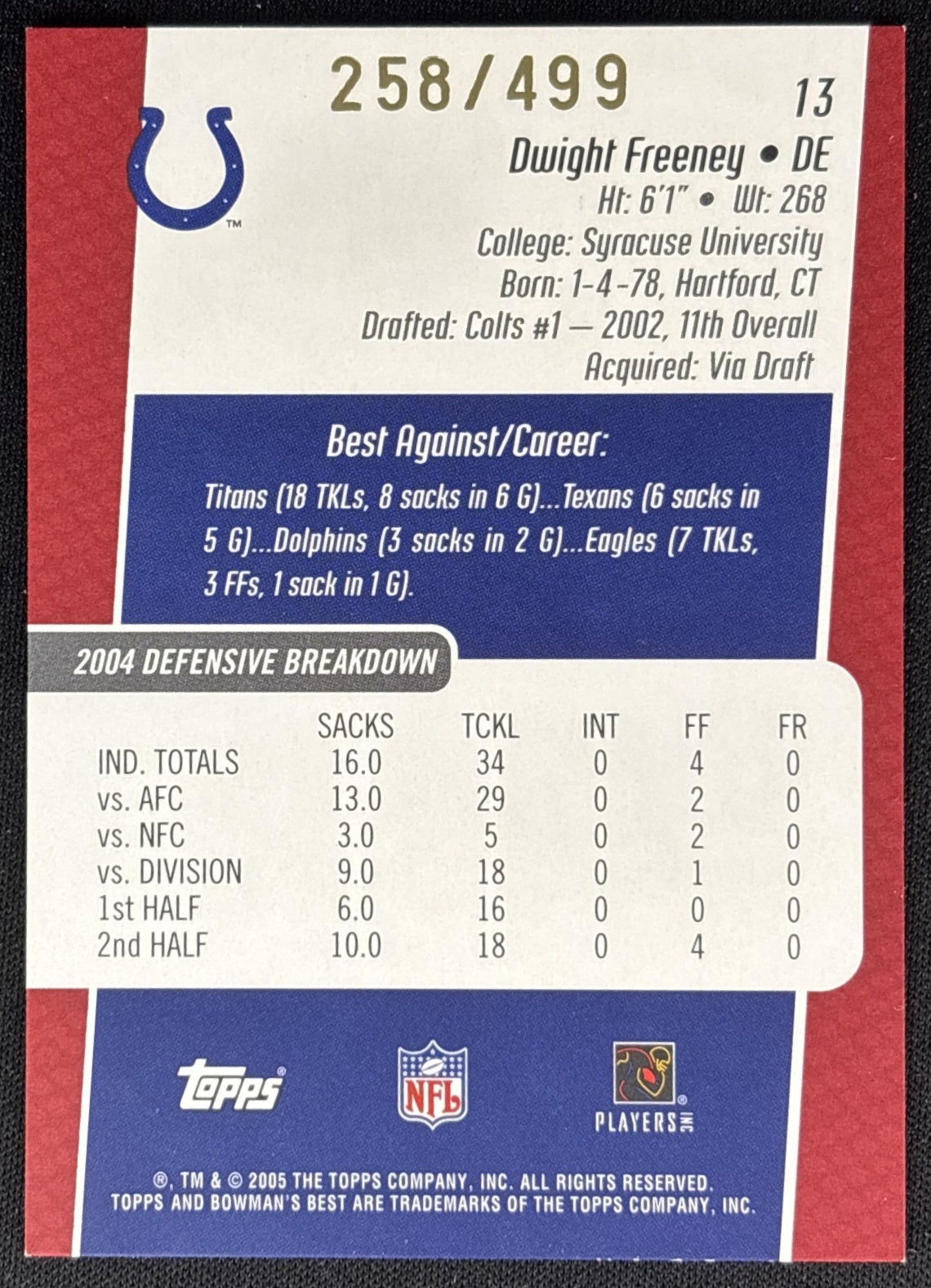 Dwight Freeney 2005 Bowman's Best Red /499 Colts Sports Trading Cards