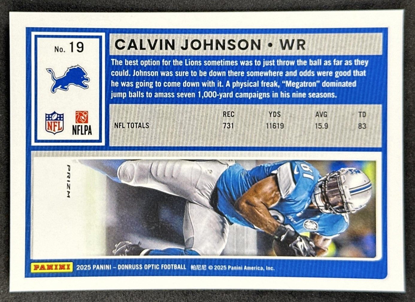 Calvin Johnson 2025 Panini Donruss Optic Holo Prizm Lions back
