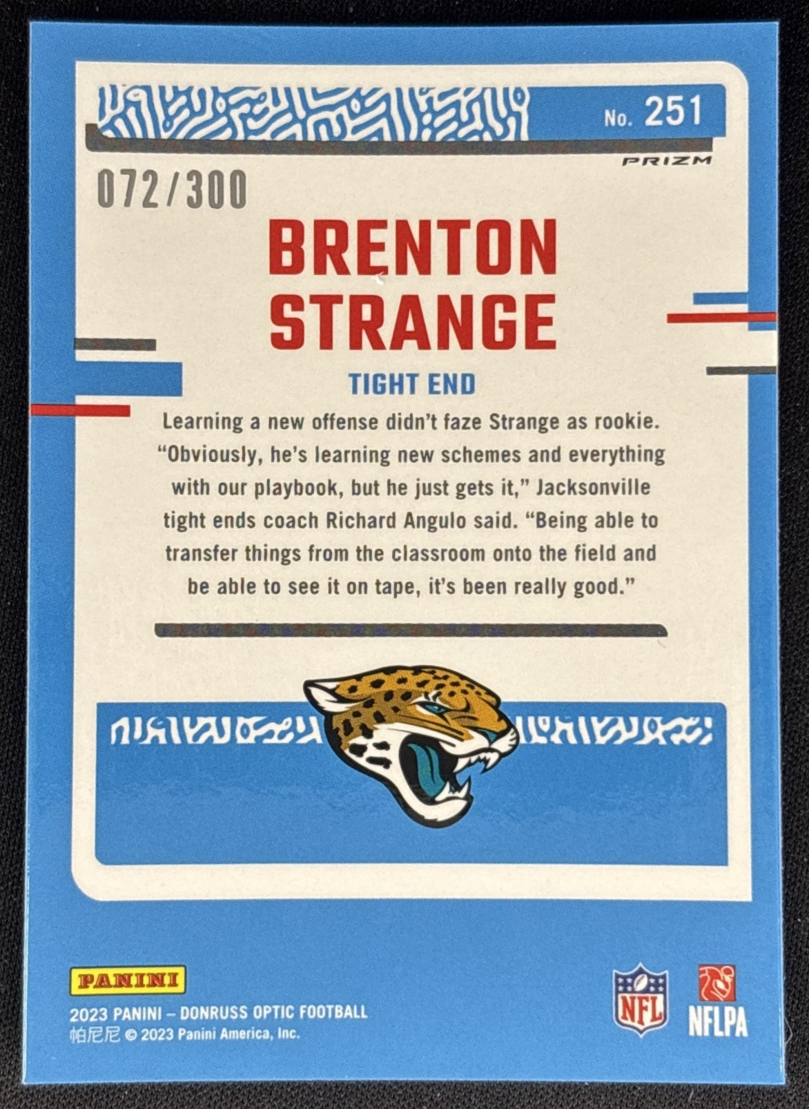 Brenton Strange 2023 Panini Donruss Optic Wave Prizm /300 Jaguars back
