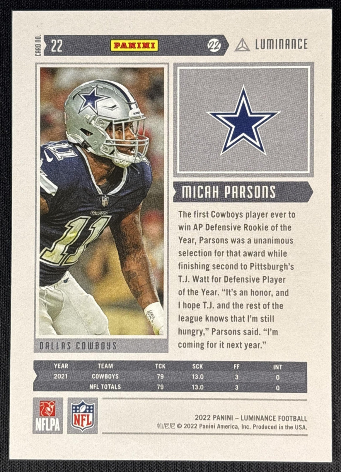 Micah Parsons 2022 Panini Luminance Green /99 Cowboys