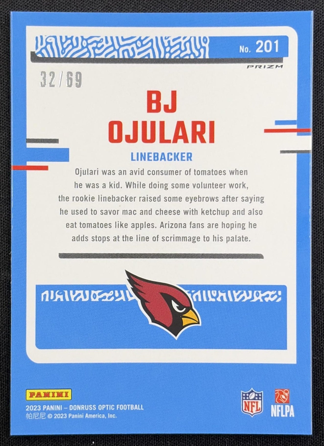 BJ Ojulari 2023 Panini Donruss Optic Electricity Prizm /69 Cardinals back